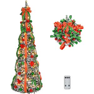 VINGLI 6ft Pre-Lit Pop Up Christmas Tree with 150 Lights, Fully Decorated Flocked Pencil Collapsible Tree for Holiday Party Decorations (Red & Green)