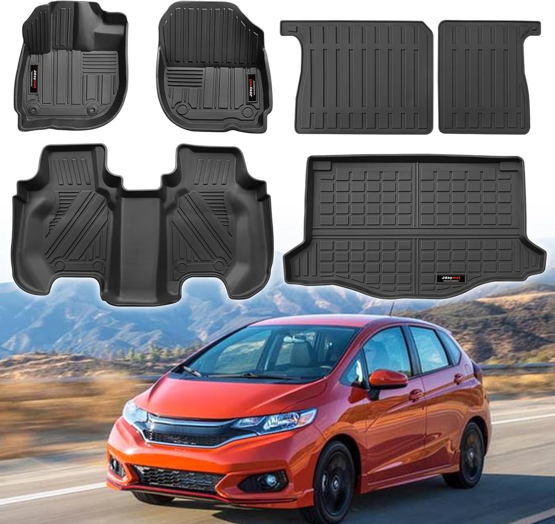for 2014-2020 Honda Fit Floor Mats Cargo Trunk Liner and Rear Seat Backrest Mat All Weather TPE Rubber Protection Mat Black (Floor Mats+Cargo Liner+Backrest Mat)