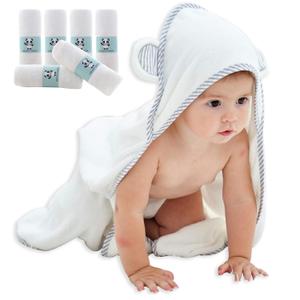 HIPHOP PANDA Hooded Baby Towel and Washcloths Set - 2 Layer Ultra Soft Absorbent Towel - Newborn Bath Face Towel - Natural Reusable Baby Wipes for Sensitive Skin - Baby Registry as Shower