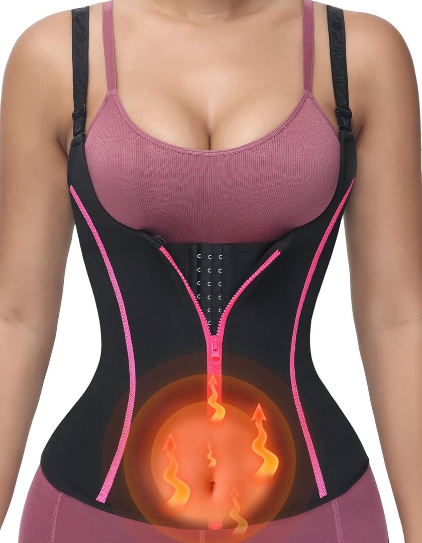 YADIFEN Waist Trainer for Women,Zipper Corset Body Shaper for Tummy Control Neoprene Cincher Sweat Sauna Vest Tank Top (Small, Black-Pink)