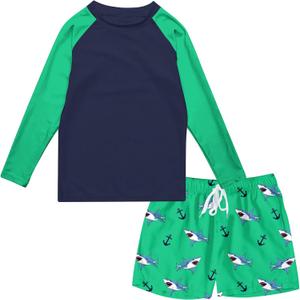 Boys Long Sleeve Rash Guard Swimsuit Kids 2-Pieces Bathing Suits Set (10-12 Years, Grass Green)