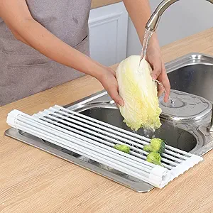 Roll Up Dish Drying Rack, Over The Sink Dish Rack, Heat-Resistant Anti-Slip Stainless Steel Dish Drainer with Silicone-Coated for Cups Fruits Vegetables - 17" x 13", Grey (Gray)