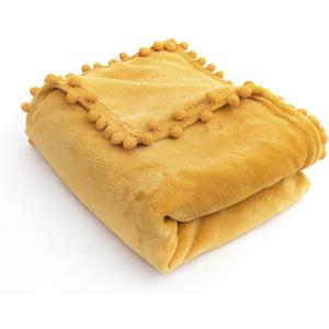 UKELER Yellow Flannel Throw Blanket Warm Bed Throws with Pom Cozy Soft Lightweight Microfiber Blanket, 50x60 Inches