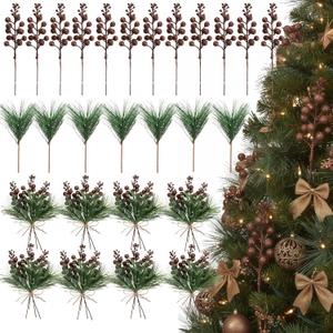 Geosar 48 Pieces Copper Christmas Tree Picks Glitter Berry Stems Artificial Small Picks, Pine Branches & Holly Berries Bulk Christmas Sprigs for DIY Xmas Wreath Crafts Gifts, Holiday Xmas Home Decor