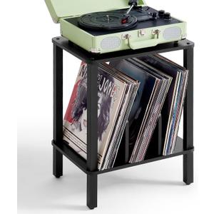 LELELINKY 2-Tier Record Player Stand with Vinyl Record Storage up to 100 Albums, Bedroom Record Holder and Multi-Functional End Table for Living Room, Black