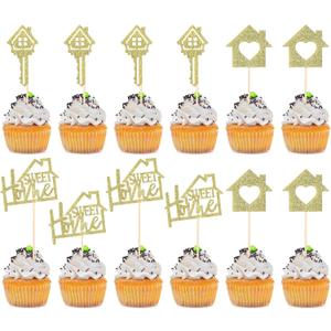 24 Pcs Sweet Home Cupcake Toppers - Gold Glitter Key New Home Cupcake Picks - Housewarming Party Decorations