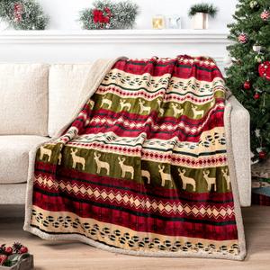 PAVILIA Premium Christmas Sherpa Throw Blanket, Green Red Cabin Design with Reindeer Print, Ultra Soft Reversible Fleece & Sherpa 50x60 Cozy Winter Blanket, Cozy Christmas & Holiday Decor