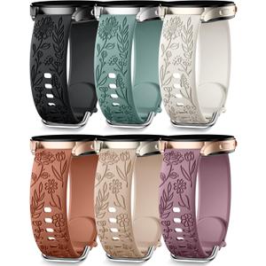 SNBLK 6 Pack Floral Engraved Bands Compatible with Samsung Galaxy Watch 7 Band 6 5 4 Active 2 FE 40mm 44mm/Watch 6/4 Classic/5 Pro/3, 20mm Cute Flower Silicone Sport Strap for Samsung Watch Bands Women (Black/Pine Green/Starlight/Brown/Milk Tea/Smoke Violet)