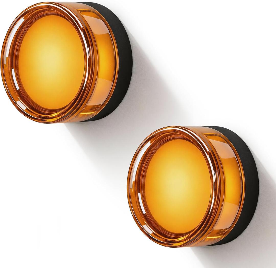 5.5Inch 9W Amber Orange LED Wall Sconces Set of Two, Hardwired 3000K Warm White Acrylic Round Flush Mount Ceiling Light, IP65 Waterproof, Indoor Vintage Wall Lamp for Bedroom, Hallway, Staircase