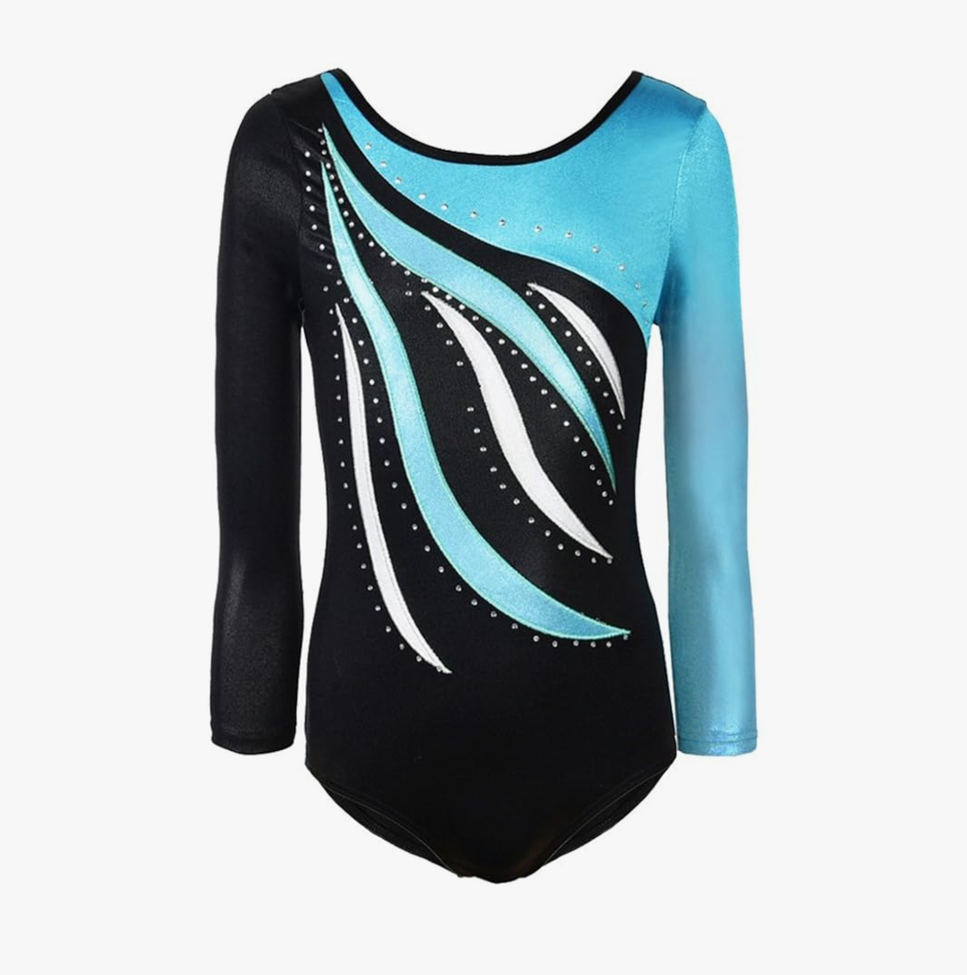 Girls Long Sleeve Shiny Waves Metallic Athletic Dance Gymnastics Leotard Outfit, Size 14A