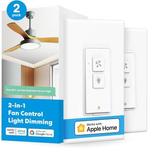 meross Smart Ceiling Fan Control and Dimmer Switch, Supports Apple HomeKit, Alexa, Google & SmartThings, 2.4G Wi-Fi Fan and Light Switch Combo, 4 Fan Speed, Neutral Wire Needed, Single Pole, 2 Pack