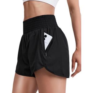 2 x Women's Quick-Dry Running Shorts Athletic High Waisted Shorts for Women with Zipper Pockets Elastic Shorts (Black, S)
