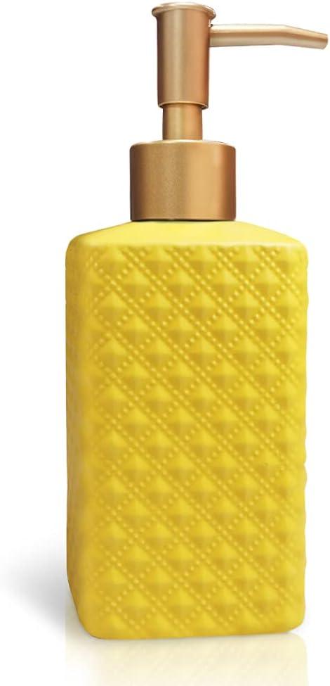 Gold Soap Dispenser, Ceramic Lotion Pump Bottle with Refined and Vintage Emboss, Home Decoration for Bathroom or Kitchen (Yellow) (7.1x2.6x2.6)