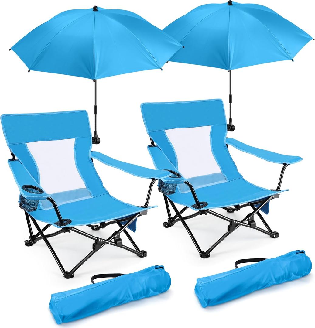 Joyfair Beach Camping Chair with Umbrellas, 2 Pack Outdoor Folding Low Camp Chairs for Adults, Heavy Duty Portable Chair with Umbrella for Outside Fishing, Lawn, Sport, Cup Holder & Carry Bag (Blue)