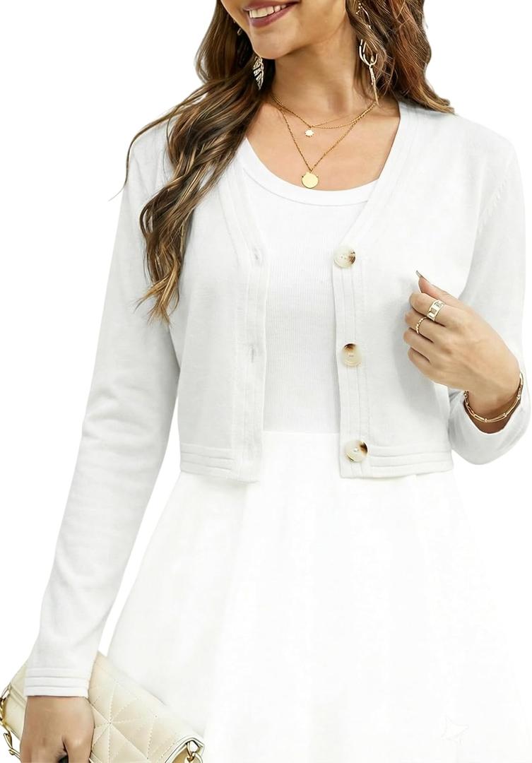 Women's 2026 Button Down Cardigan Sweater Bolero Shrug Long Sleeve Cropped Cardigan Knit Sweaters (Large, Off-white-6326)
