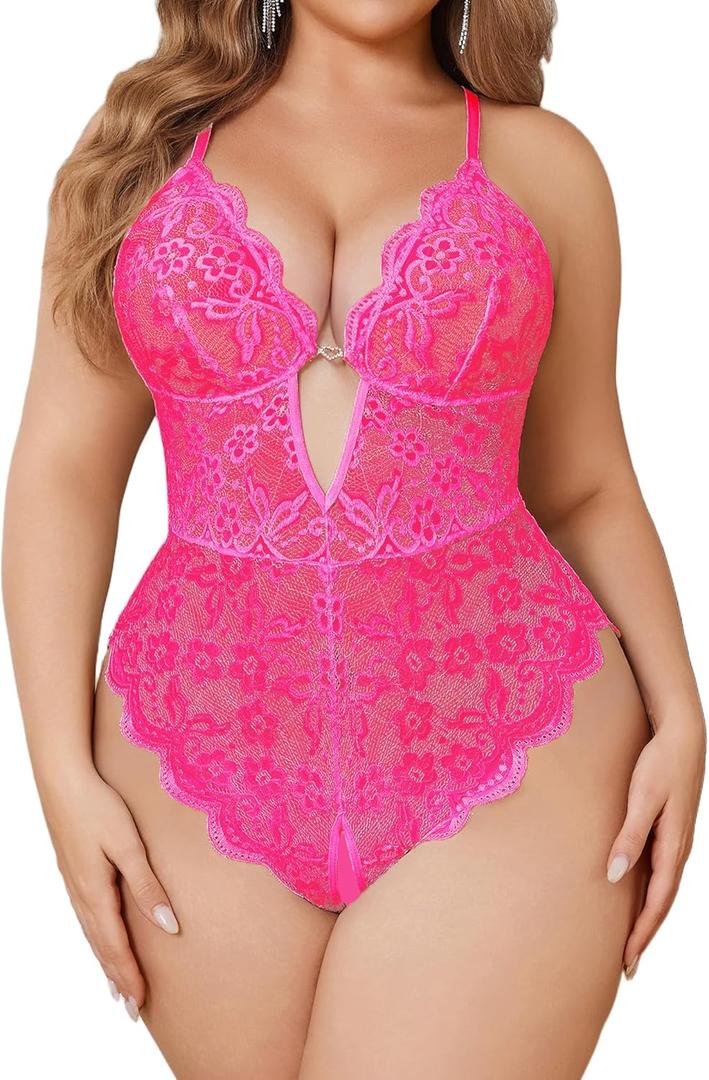 Avidlove Women Plus Size Lingerie Lace Teddy Deep V Lingerie Bodysuit One Piece Babydoll 14-22 Plus (X-Large, Rose Red)