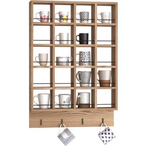 Wooden Coffee Mug Display Rack, Wall Mounted Coffee Cup Display Shelf, Hold 24 Mugs, Rustic Shot Glass Display Case, Coffee Mug Holder Organizer for Kitchen, Coffee Station (23.6 * 29.5in)