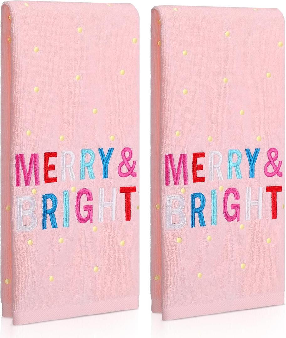 2 Pack Christmas Hand Towels for Kitchen Bathroom 14x30 Inch Pink Bright Merry Embroidered Cotton Towels for Drying Cleaning, Cooking Housewarming Home Gift Winter Decor