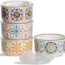 Ceramic Bowl with Lid: Microwave Safe Soup Containers Set of 4 for Meal Prep, Cereal, Salad, Picnic, Camping, Office Lunch, Kitchen Food Storage - 5 Inch, 20 oz, Design B