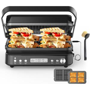 CATTLEMAN Panini Grill Press Sandwich Maker with Removable Plates, 1600W, 6 in 1 Waffle Maker & Electric Indoor Grill with Meat Thermometer, PFAS Free Ceramic Nonstick Reversible Plates, Opens Flat