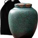 Medium Cremation Urn for Human Ashes, Unique Turquoise Glazed Ceramic Memorial, Ginkgo Leaf Decorative, for Sharing Adult or Infant