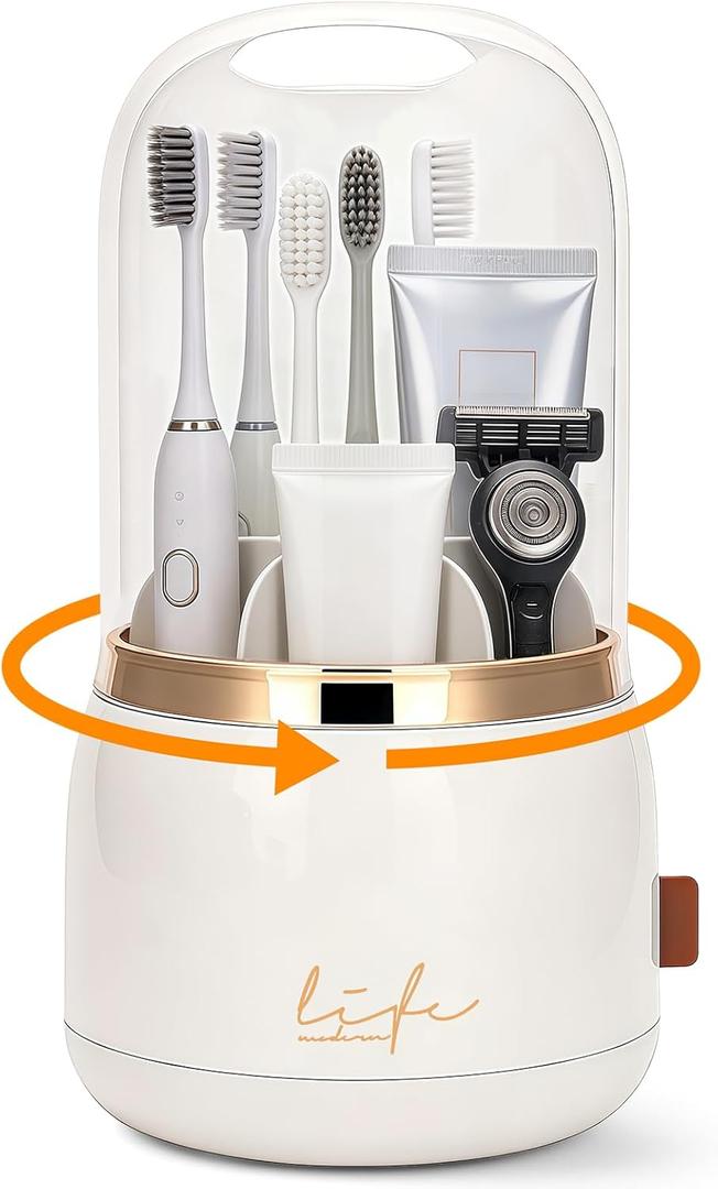 360 Rotating Toothbrush Holders for Bathrooms, 7-Slot Toothbrush Holder with Cover & Drainage, Bathroom Countertop Organizer for Electric Toothbrushes, Toothpaste & Makeup Brushes (Beige)
