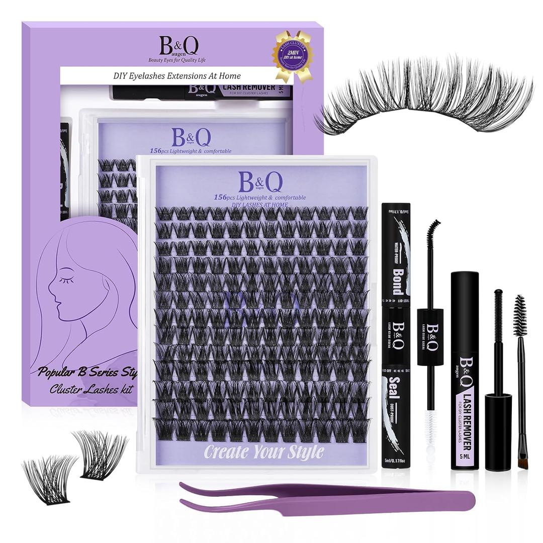 B&Qaugen Lash Extension Kit B05 Eyelash Extension Kit B&Q DIY Lash Extension Kit 156 PCS Lash Clusters 8-18mm Cluster Eyelash Extensions Kit with Lash Bond and Seal Lash Applicator Tool (Kit,B05)