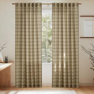 NICETOWN Linen Plaid Curtains 96 inches Long Grid Pattern Light Filtering Privacy Shade for Living Room Bedroom, Farmhouse Rod Pocket Back Tab Semi Sheer Curtains, 1 Pair, Linen, 52W x 96L