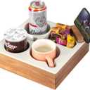 Couch Cup Holder Tray, Handy Soft Silicone Acacia Wooden Couch Caddy for Bed Car Seat Beach Organizer, Waterproof Anti-Spill Sofa Cup Holder for Snacks Beverage Remote (White) (10*10*3 IN)