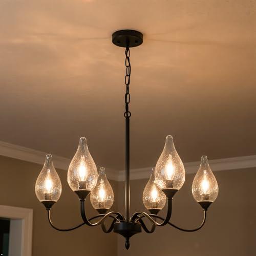 6-Light Farmhouse Black Chandelier 23.6 Inch - Rustic Industrial Iron Candle Hanging with Clear Glass Shades - Dining Room Lighting Fixture for Hallway, Living Room, Foyer, Bedroom, Kitchen Island