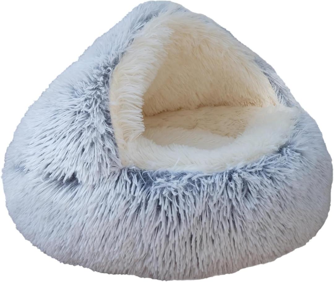 Calming Round Dog Bed & Cat Cave with Hooded Cover, Plush Fluffy Anti-Anxiety Bed, Waterproof Bottom Washable (Grey, 20x20inch)