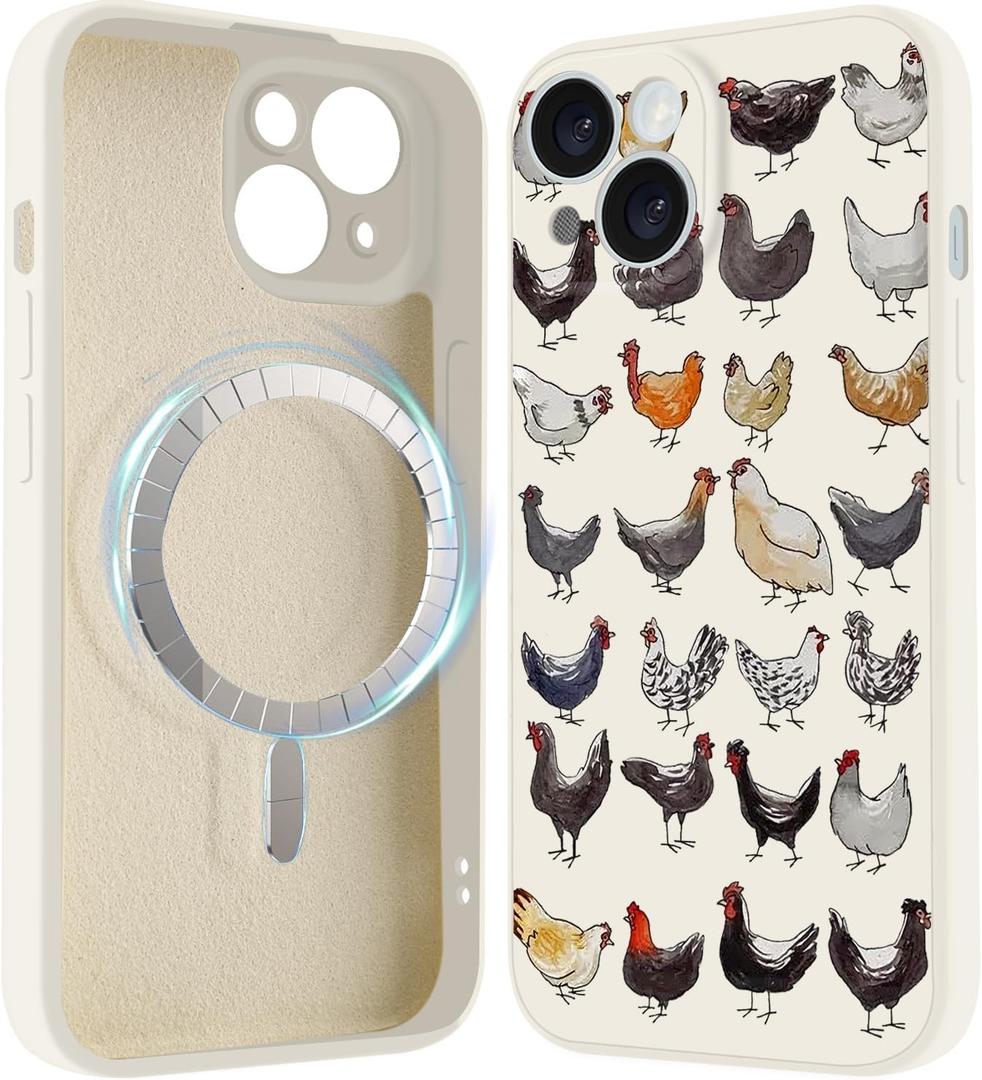 LuGeKe Magnetic Silicone Case for iPhone 16 Compatible with MagSafe,Cute Chicken Pattern Soft White Silicone Shockproof Protective Phone Case Cover for iPhone 16