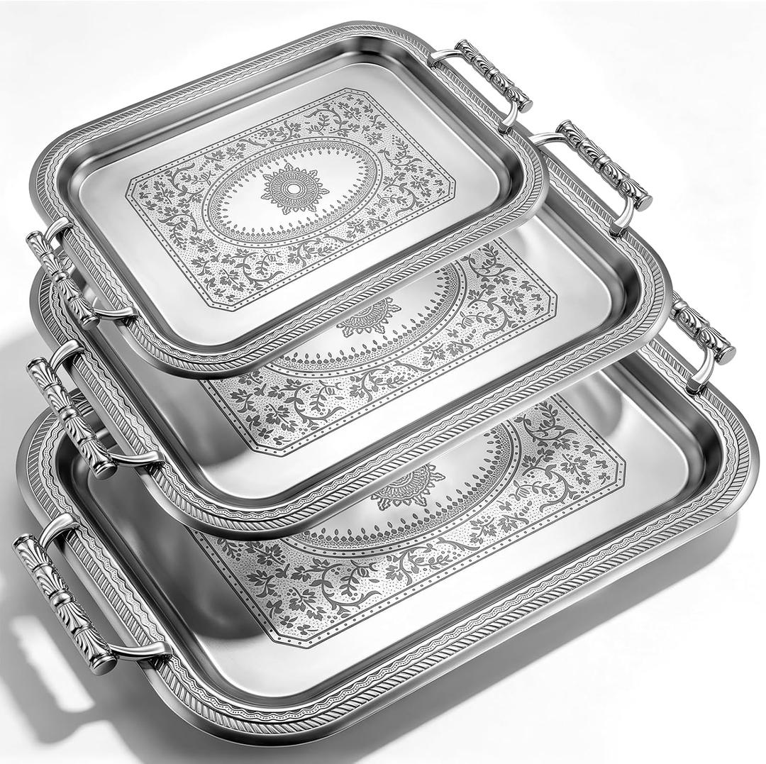 Rtteri 3 Pack Serving Trays with Handles, Stainless Steel Rectangle, approximately 12.99 x 9.25 inches