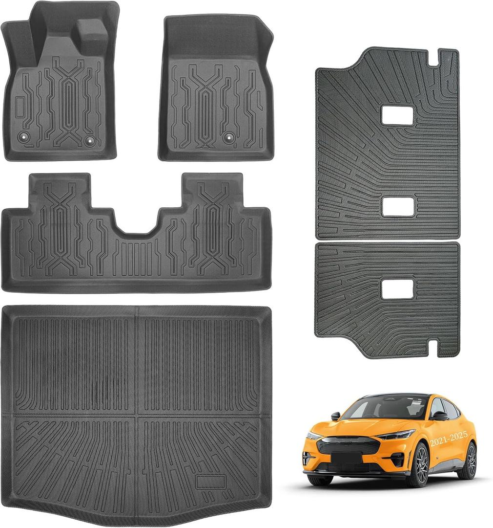 Car Floor Mats for Ford Mustang Mach E 2021-2025 with Cargo Liners (NOT for Ford Mustang) TPE Custom Fit All Weather Full Set Waterproof Anti-Slip Easy Clean Durable Automotive Accessories 6PCS Black