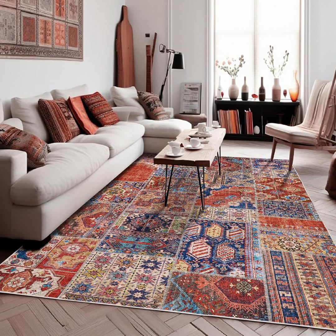 8x10 Washable Large Area Rugs for Living Room,Geometric Boho Rug for Bedroom, Red Blue