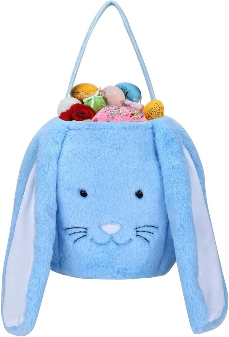 Plush Easter Bunny Basket for Kids Boys Girls Easter Buckets with Long Plush Ear Personalized Egg Hunting Bags,Bunny Kids Easter Tote Bags for Easter Decorations Candy (Blue)