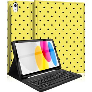 Keyboard Case for iPad 11th 10th Generation with Pencil Holder, Wireless Keyboard Cover for 11th A16 11-inch 2025, 10th Gen 10.9 Inch 2022, Polka Dot Yellow-Black
