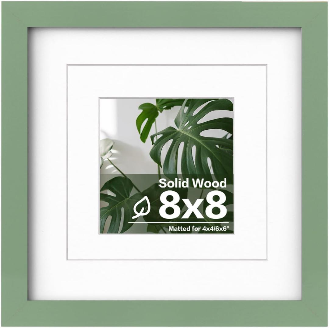 Egofine 8x8 Picture Frame Made of Solid Wood with Plexiglass, Display Pictures 4x4/6x6 with Mat or 8x8 Without Mat for Tabletop and Wall Mounting, Green