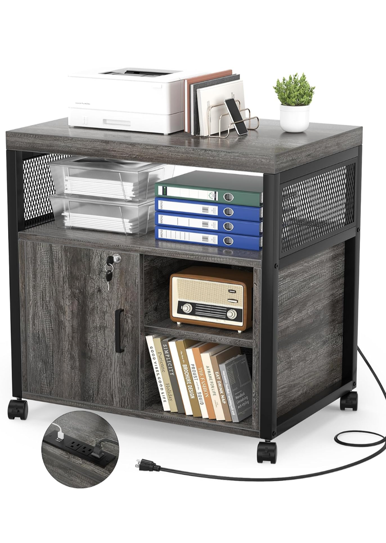 Unikito Rolling File Cabinet Lateral Office Filing Cabinets with Socket and USB Charging Port, Modern Printer Stand on Wheels Printer Cabinet with Door and Open Storage, Lockable, Black Oak