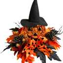 Lighted Harvest Pumpkin Table Decoration Indoor Outdoor Table Centerpiece with Maple Leaves Black Berries and Witch Hat for Fall Table Centerpieces Thanksgiving Halloween Decor