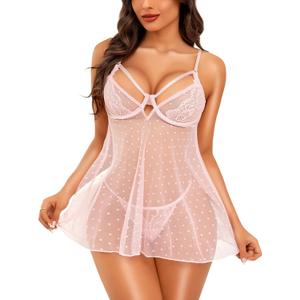 RSLOVE Women Sexy Babydoll Lingerie - Lace Sheer Mesh Sleepwear Polka Dots Bridal Chemise Nightie Dress (Small, Pink)