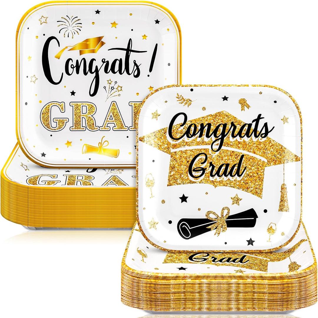 100 Pcs 2025 Graduation Party Plates 7 x 7 in Congrats Grad Paper Plates Class of 2025 Disposable Square Dessert Decorative for Graduation Cocktail Party Supplies Photo Props(White, Gold)