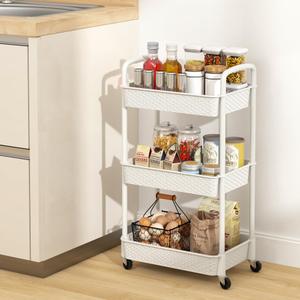 MOYIPIN 3-Tier Plastic Rolling Utility Cart with Handle,Utility Storage Cart for Office, Living Room, Kitchen,Movable Storage Organizer Shelves,White