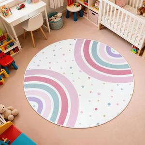 STARUIA Pink Round Rug for Girls, 5 Ft Rainbow Kids Rug for Nursery, Colorful Washable Rugs for Bedroom, Non-Slip Circle Time Rugs Soft Polka Carpet for Kids Room Princess Castle
