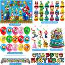 Mario Birthday Party Supplies, Party Decorations Set Include Banner, Backdrop, Balloons, Hanging Swirls, Cake Cupcake Toppers, Tablecloth for Boys Girls Mario Theme Party