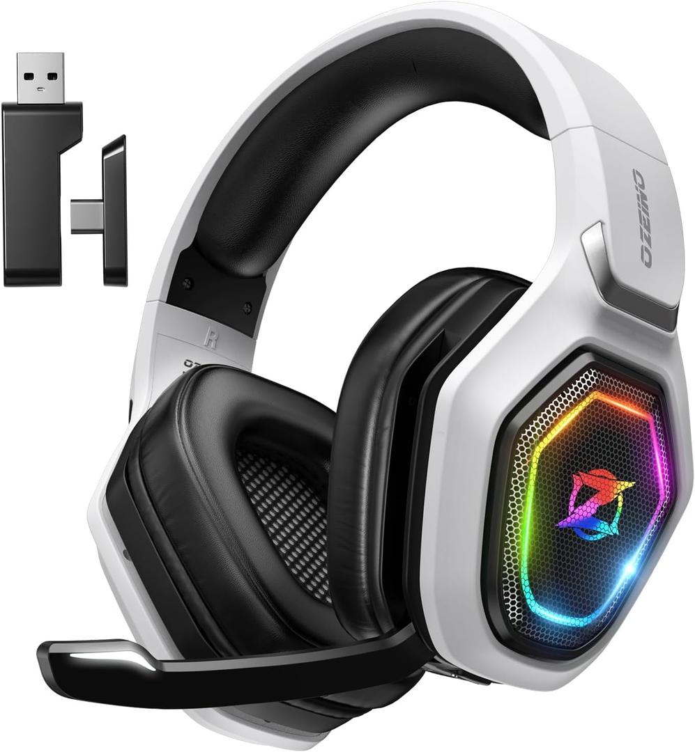 Ozeino 2.4GHz Wireless Gaming Headset for PC, Ps5, Ps4 - Lossless Audio USB & Type-C Ultra Stable Gaming Headphones with Flip Microphone, 40-Hr Battery Gamer Headset for Switch, Laptop, Mobile, Mac Black White