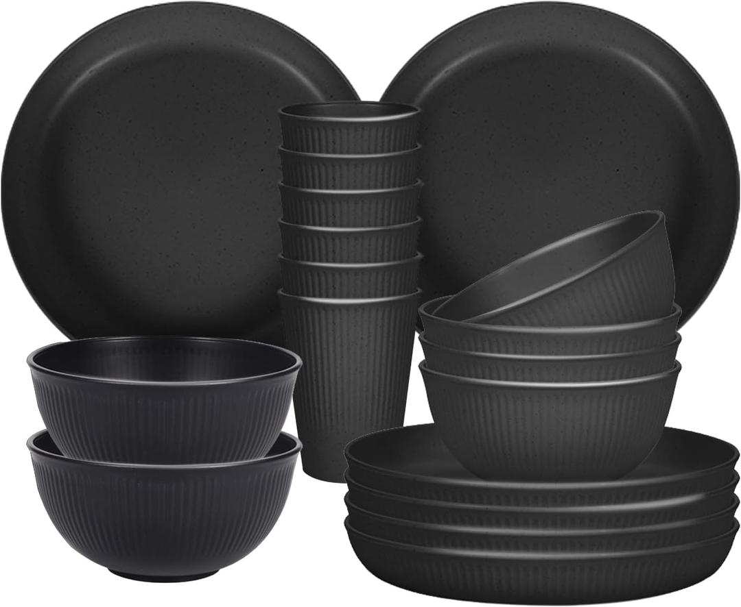 Plates and Bowls Sets, 18 piece Lightweight Unbreakable Dinnerware Set for 6Camping Plates for Picnic Dish Sets with 23cm Plates, 15cm Bowls, Cups for Kitchen Black