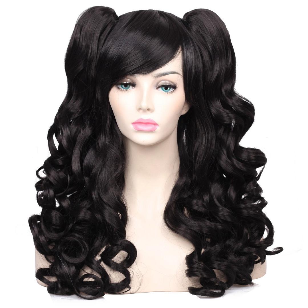 ColorGround Long Curly Cosplay Wig with 2 Ponytails,(Black)