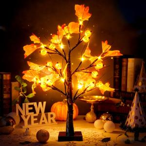 2 x Simplepolymer 22 Inch Artificial Tree Lamp 24 LED Tree Lights Halloween Tree Light Decorations Indoor Outdoor for Home Table Mantle Halloween Party Decor (Yellow)