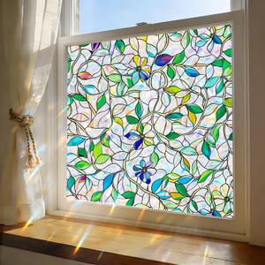 Stained Glass Window Film, Rainbow Privacy, One Way Decorative Tint, Static Cling, Renter Friendly for Home Bathroom Door (17.5*78.5, Rainbow Purple Flower)